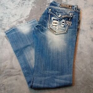 Miss Me Jeans Womens 31 Boot Embellished Flap Pockets Low Rise Thick Stitch